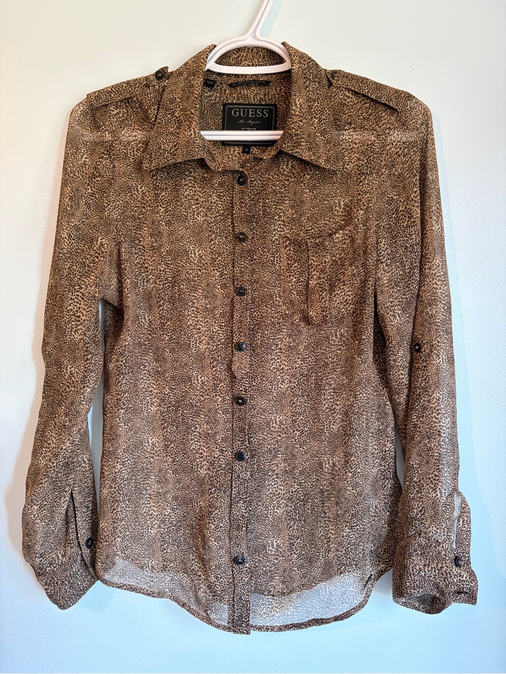 GUESS Women’s Leopard Print Blouse - Animal Print Sheer Button Up - Size Small